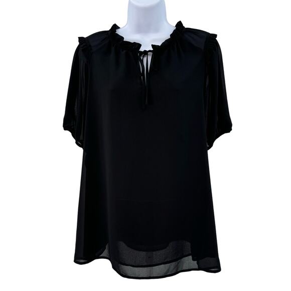 Pleione Black Chiffon Blouse Top Womens XL Ruffle Collar Tie Front Short Sleeve - Picture 3 of 12